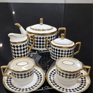 Mackenzie Style Black & White Harlaquin Teapot Sugar Creamer  Cups & Saucers New